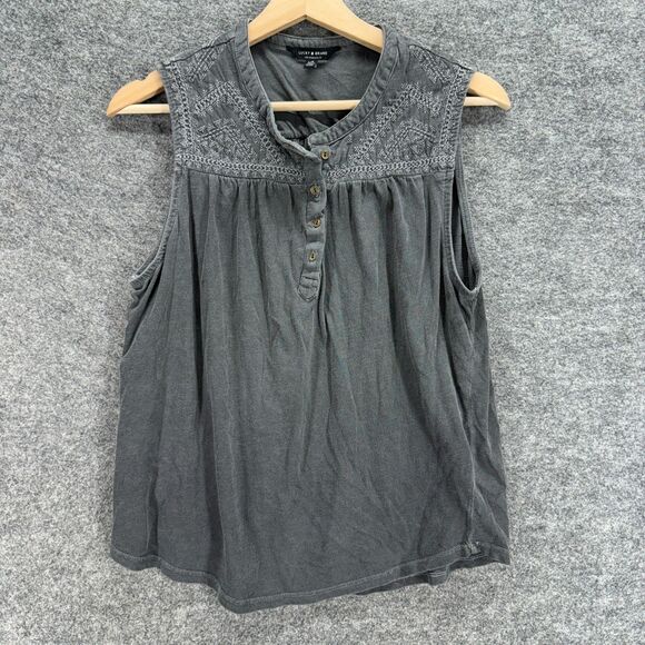 Lucky Brand Blouse Women L Large Gray Crew Neck 1/2 Button Sleeveless Wide Strap - Picture 1 of 7